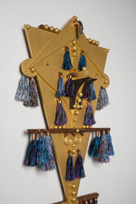 kite beliefs, 2013, 66 x 24.5 x 8, mdf board, poplar, mahogany, wenge, birch, lacewood, canahuate, copper, brass, glass, ceramic, cotton fiber, mulberry fiber, cotton string, metallic floss, acrylic