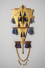 kite beliefs, 2013, 66 x 24.5 x 8, mdf board, poplar, mahogany, wenge, birch, lacewood, canahuate, copper, brass, glass, ceramic, cotton fiber, mulberry fiber, cotton string, metallic floss, acrylic