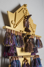 kite force, 2013, 52 x 28.25 x 6.5, mdf board, maple, cherry, walnut, oak, birch, purpleheart, wenge, yellowheart, copper, glass, ceramic, cotton fiber, mulberry fiber, cotton thread, metallic floss, acrylic