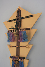 kite delight (detail 2), 2016, 42 x 23 1/2 x 6 3/4, mdf board, pine, mahogany, birch, maple, lacewood, wenge, copper, steel, ceramic, felt, cotton, pvc, metallic floss, acrylic paint