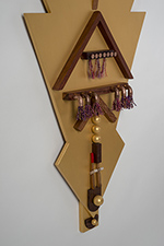 cool kite (detail 2), 2017, 50 x 24 x 5 mdf board, pine, cedar, padauk, purple heart, birch, lacewood, mahogany, wenge, canahuate, maple, steel, copper, felt, metallic floss, acrylic paint