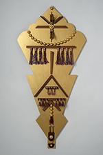 cool kite, 2017, 50 x 24 x 5 mdf board, pine, cedar, padauk, purple heart, birch, lacewood, mahogany, wenge, canahuate, maple, steel, copper, felt, metallic floss, acrylic paint