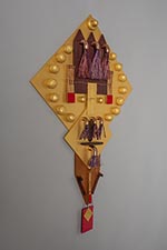small regal kite, 2018, 27 x 18 ½ x 1 ½ mdf board, purple heart, cherry, maple, birch, mahogany, wenge, copper, cotton fiber, japanese fiber,
felt, cotton string, metallic floss, acrylic paint