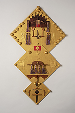 tall regal kite, 2018, 45 x 25 x 3, mdf board, padauk, cherry, birch, cedar, maple, wenge, purpleheart, walnut, mahogany, copper, steel, felt,japanese fiber, cotton string, metallic floss, acrylic paint