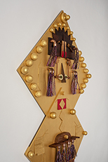 tall regal kite (detail 1), 2018, 45 x 25 x 3, mdf board, padauk, cherry, birch, cedar, maple, wenge, purpleheart, walnut, mahogany, copper, steel, felt, japanese fiber, cotton string, metallic floss, acrylic paintfelt, cotton string, metallic floss, acrylic paint