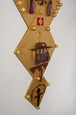 tall regal kite (detail 2), 2018, 45 x 25 x 3, mdf board, padauk, cherry, birch, cedar, maple, wenge, purpleheart, walnut, mahogany, copper, steel, felt, japanese fiber, cotton string, metallic floss, acrylic paintfelt, cotton string, metallic floss, acrylic paint