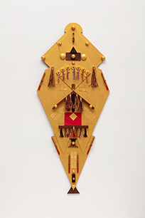 tall regal kite, 2018, 45 x 25 x 3
mdf board, padauk, cherry, birch, cedar, maple, wenge,
purpleheart, walnut, mahogany, copper, steel, felt,
japanese fiber, cotton string, metallic floss, acrylic paint