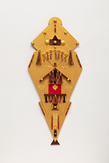 slender regal kite, 2019, 43 x 18 ¼ x 2 ½ , mdf board, birch, maple, mahogany, cherry, padauk, purpleheart, wenge, zebrawood, copper, steel, felt, japanese fiber, metallic floss, acrylic paint japanese fiber, cotton string, metallic floss, acrylic paint