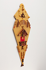 slender regal kite, 2019, 43 x 18 ¼ x 2 ½ , mdf board, birch, maple, mahogany, cherry, padauk, purpleheart, wenge, zebrawood, copper, steel, felt, japanese fiber, metallic floss, acrylic paint