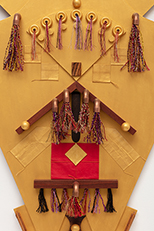 slender regal kite (detail), 2019, 43 x 18 ¼ x 2 ½ , mdf board, birch, maple, mahogany, cherry, padauk, purpleheart, wenge, zebrawood, copper, steel, felt, japanese fiber, metallic floss, acrylic paint